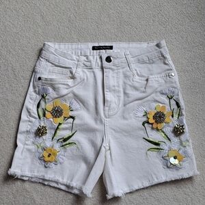 White House Black Market Yellow and White Floral Jean Shorts